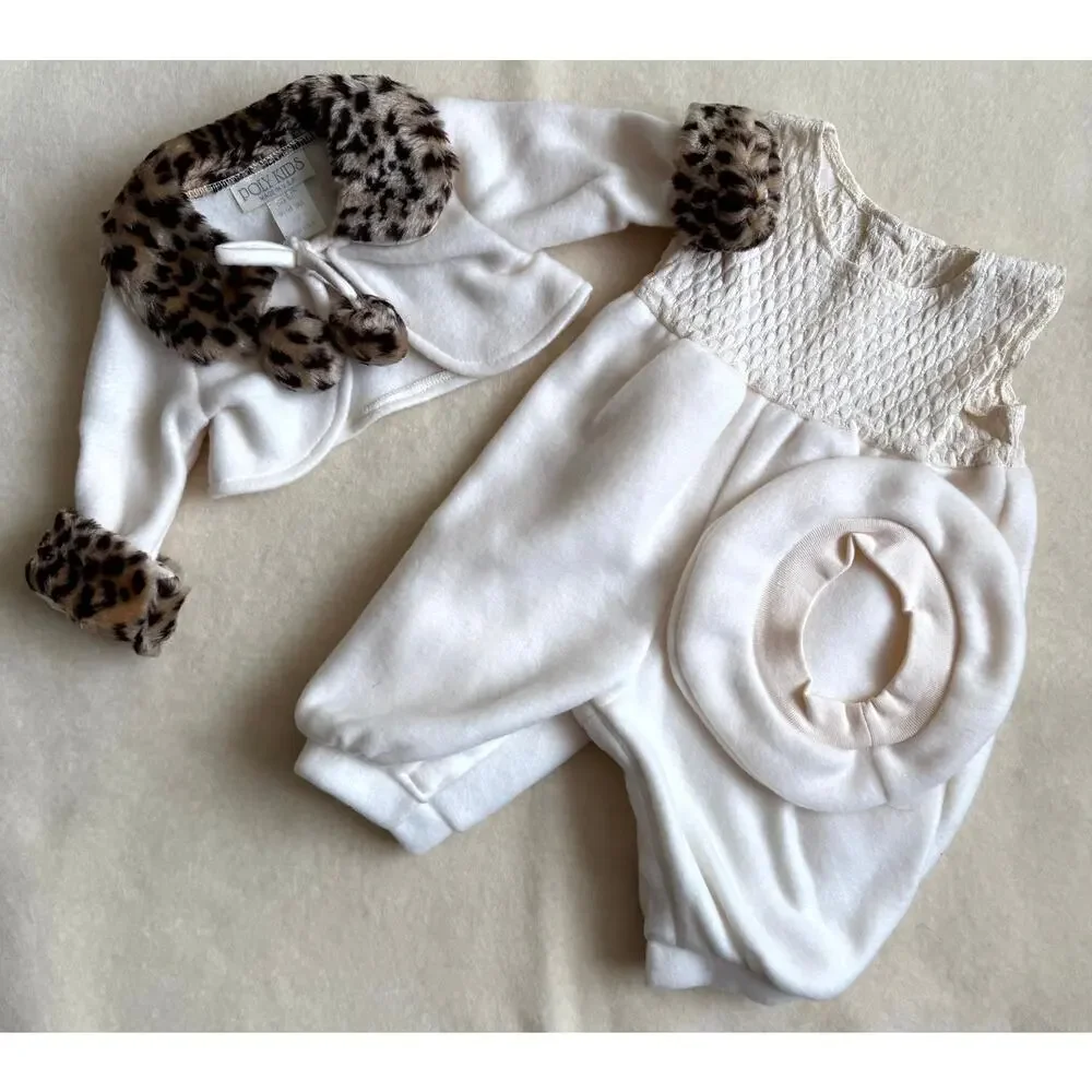 Vintage 90s Poly Kids 3-Piece Romper Set Girls Size 9-12M Ivory Leopard Faux Fur